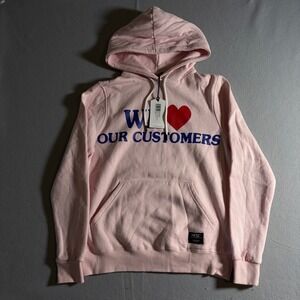 WeSC We Love our customers Graphic Hoodie Mens Small Pink Style Sweatshirt